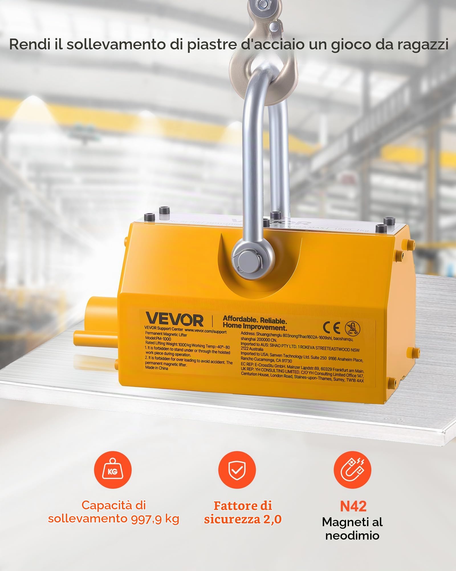 VEVOR Magnete Sollevamento Permanente, Capacità di Trazione 1000 kg, Supporto Magnetico al Neodimio N42, con Maniglia di Rilascio Gancio in Acciaio, Strumento per Movimentazione di Parti in Lamiera