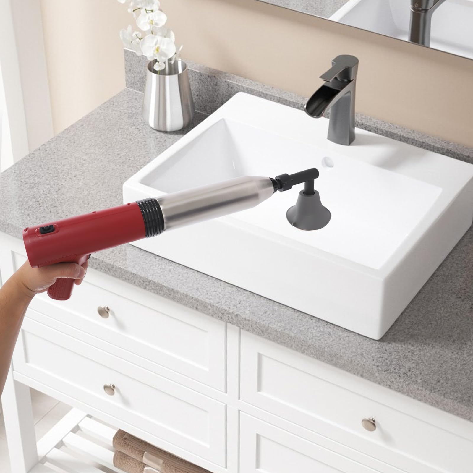Pulitore elettrico per tubi ad aria compressa, 5 bar, 3 testine, 1500 mAh (rosso) | Manometro in tempo reale, tempo di ricarica 4-5 ore, 30 applicazioni per carica, privo di sostanze chimiche ed ecologico
