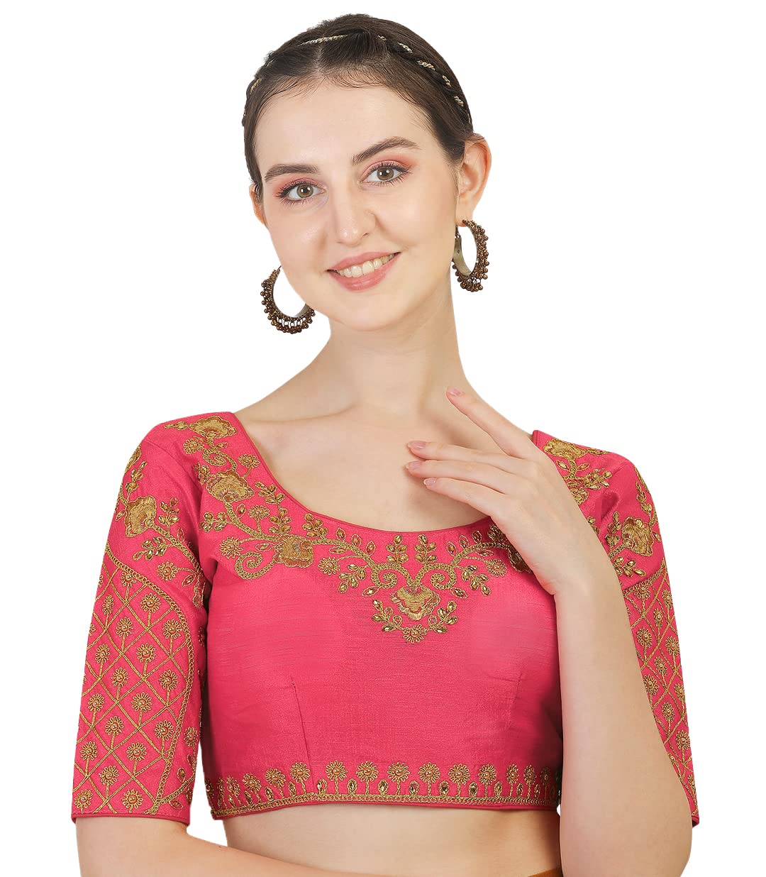 Pujia Mills Women's Embroidery Handwork Thread Zari Stone Work Readymade Blouse (36, Gajari)