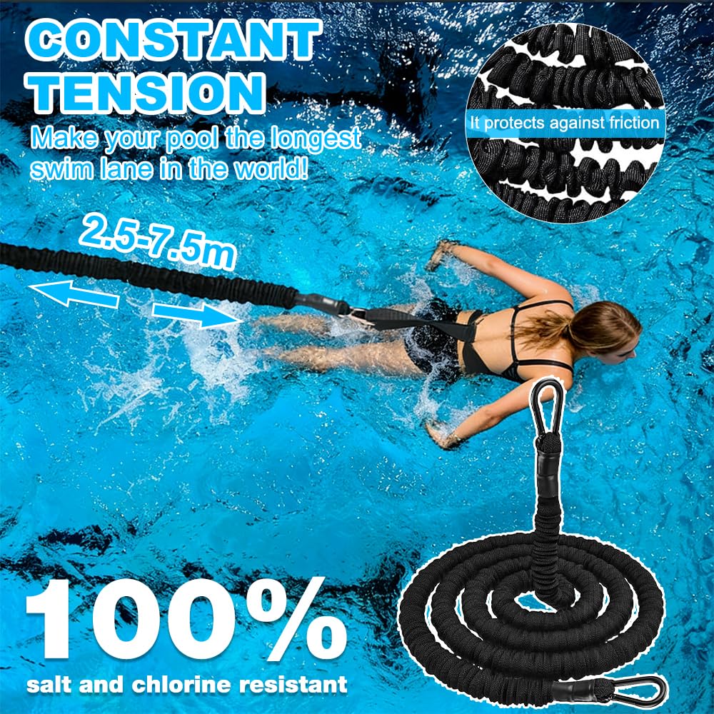 Schwimmgürtel Erwachsene, SGZIOO Gegenstromanlage für Pool, Schwimmgurt Pool, Schwimmgurt für Pool 2.5-7.5m Schwimmtrainer, Schwimmseil für Jedes Schwimmbad Ohne Gegenstromanlage, Schwarz