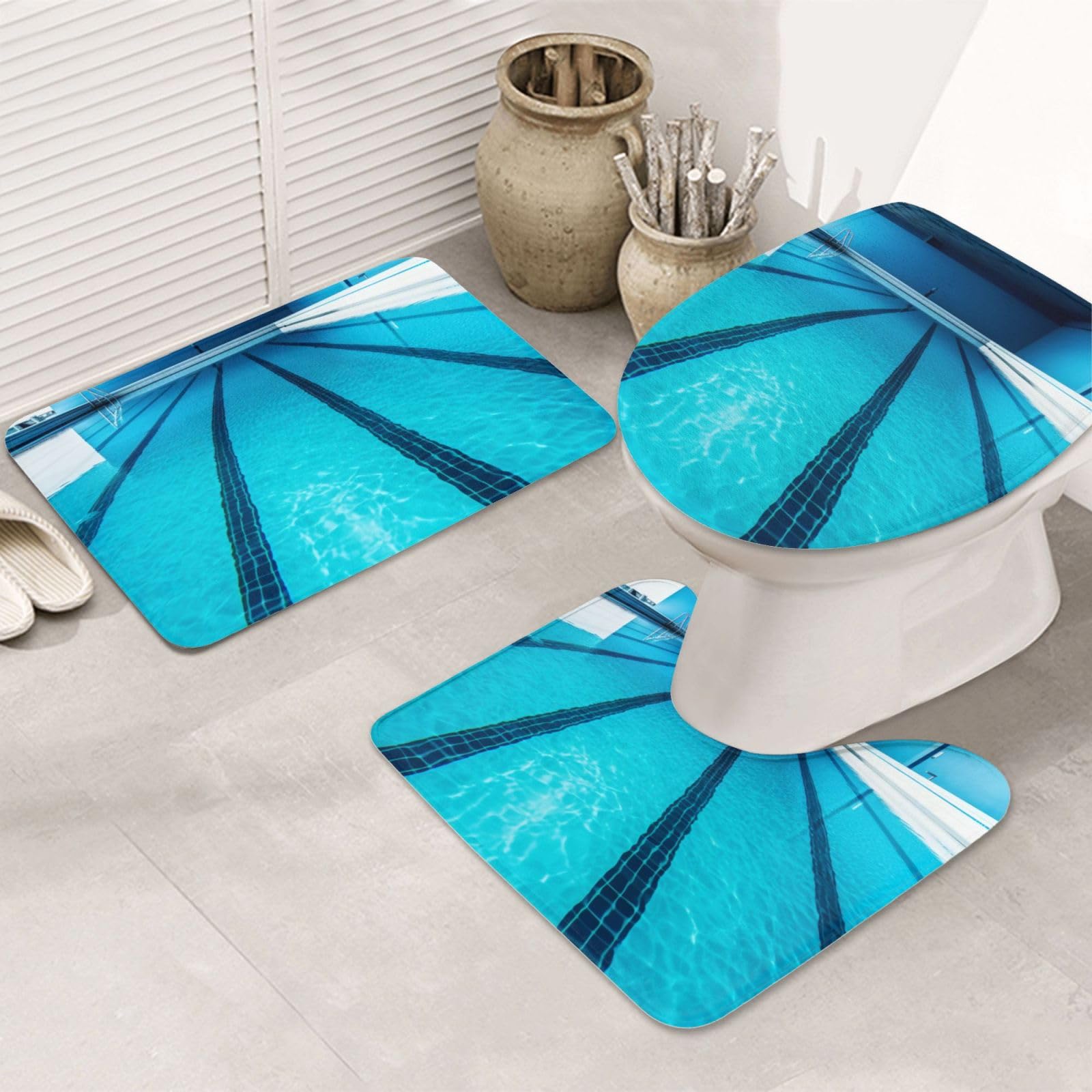 Tapis de bain bleu piscine motif océan pour WC et douche