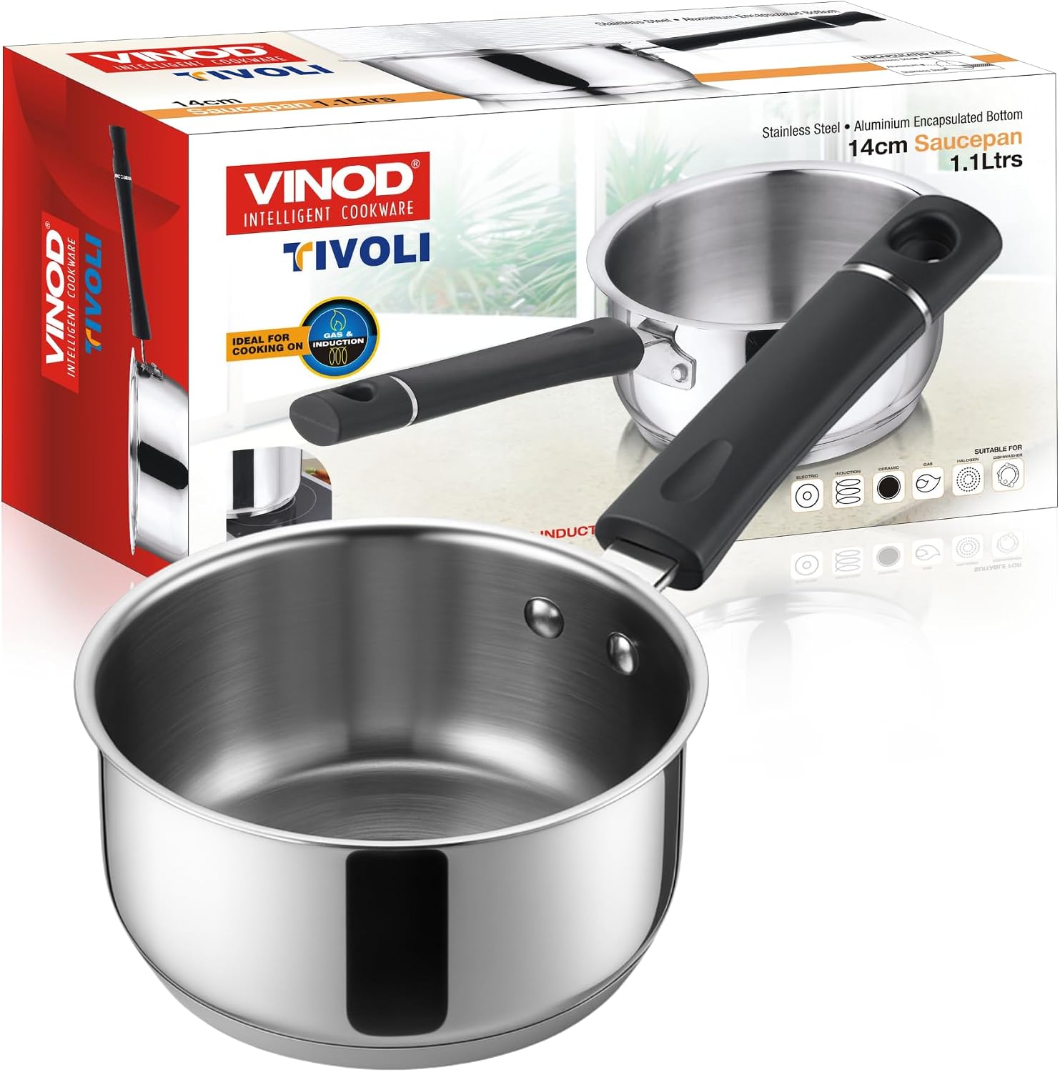 Vinod Tivoli Heavy Guage Stainless Steel Saucepan - 1.1 Litre (14cm) | SAS Bottom | 2 Layer Extra Thick Aluminum Core | Induction and Gas Base | Bakelite Handle