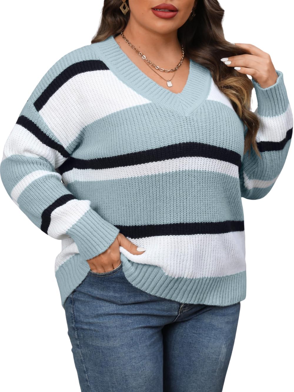 Womens Plus Size Striped Sweater, V Neck Color Block Ribbed Knit Long Sleeve Pullover Top, Fall Winter Casual Outfits