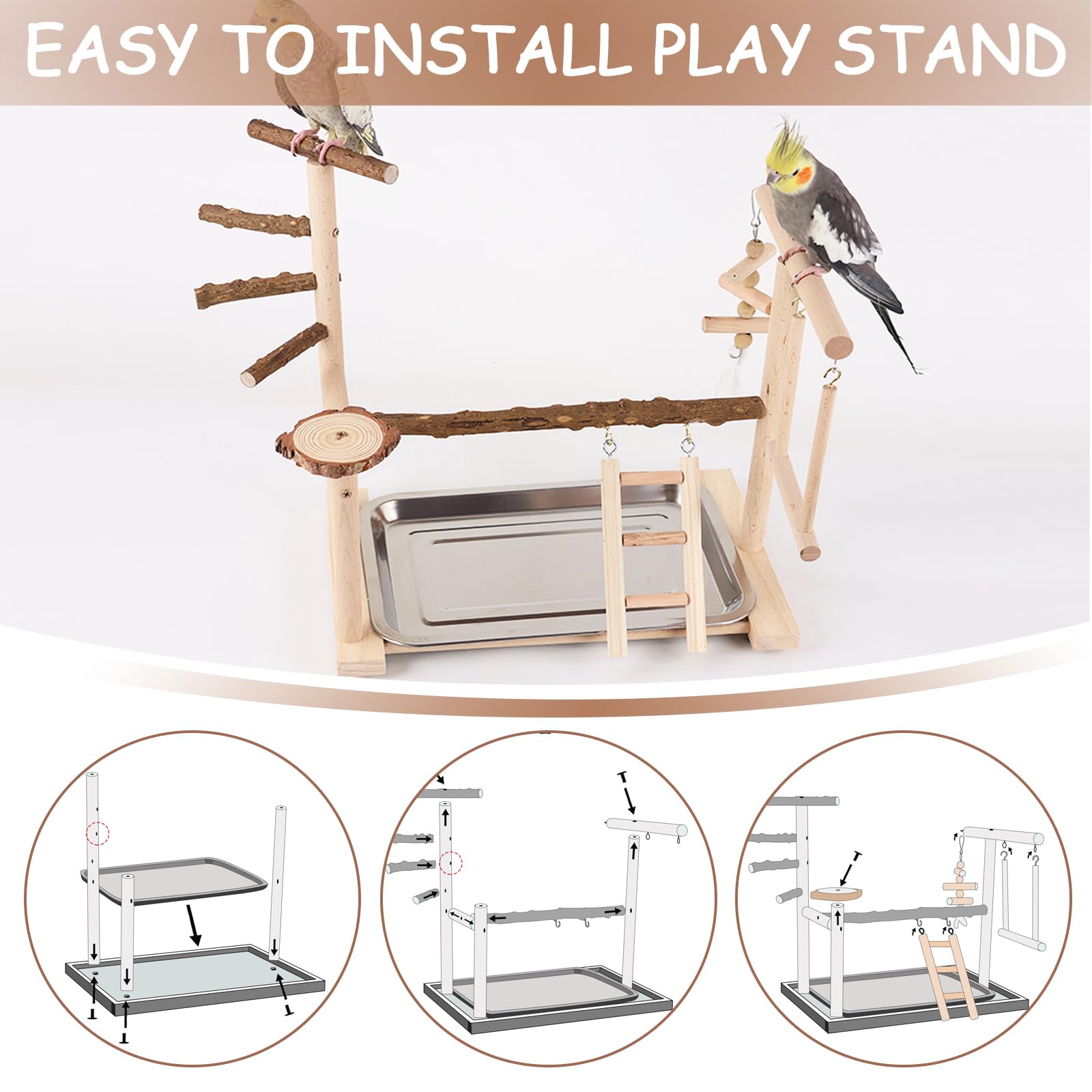 Support de Perroquet - Aire de Jeux pour Oiseaux en Bois avec Échelle, Balançoire, Mangeoire, Plateau et Jouets de Gymnastique Perchoir pour Oiseaux de Petite à Moyenne Taille