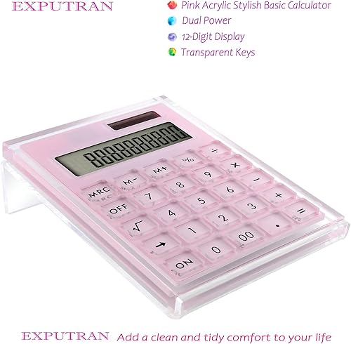 Miniatura 8 de EXPUTRAN Calculadora acrílica con soporte, calculadora básica de batería y energía solar híbrida con pantalla LCD de 12 dígitos, accesorios de