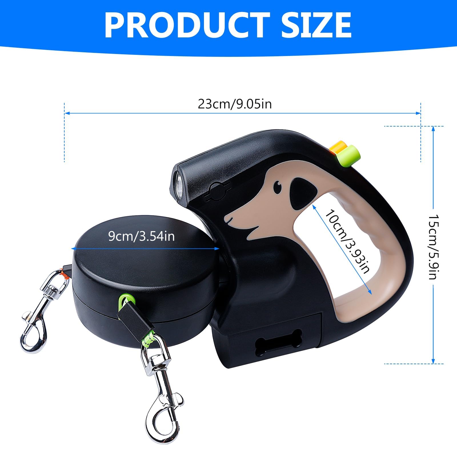 Correa para perros doble para 2 perros, 3 m, correa para perros con luz, doble retráctil, rotatorio de 360°, mango antideslizante, para perros pequeños y medianos