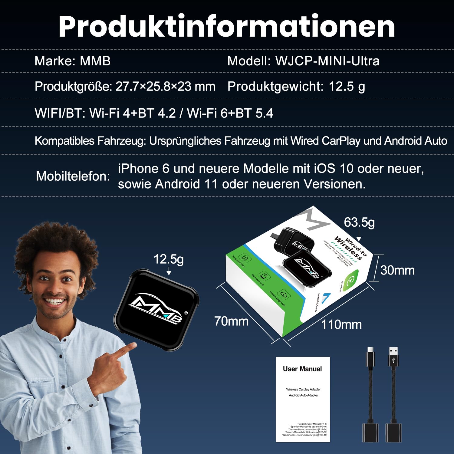 MMB CP-Ultra 2026 Adaptateur CarPlay sans fil 2 en 1 pour iPhone & Android Auto, Wi-Fi 6+Bluetooth 5.4, Convertit CarPlay filaire et Android Auto en CarPlay sans fil, Plug & Play