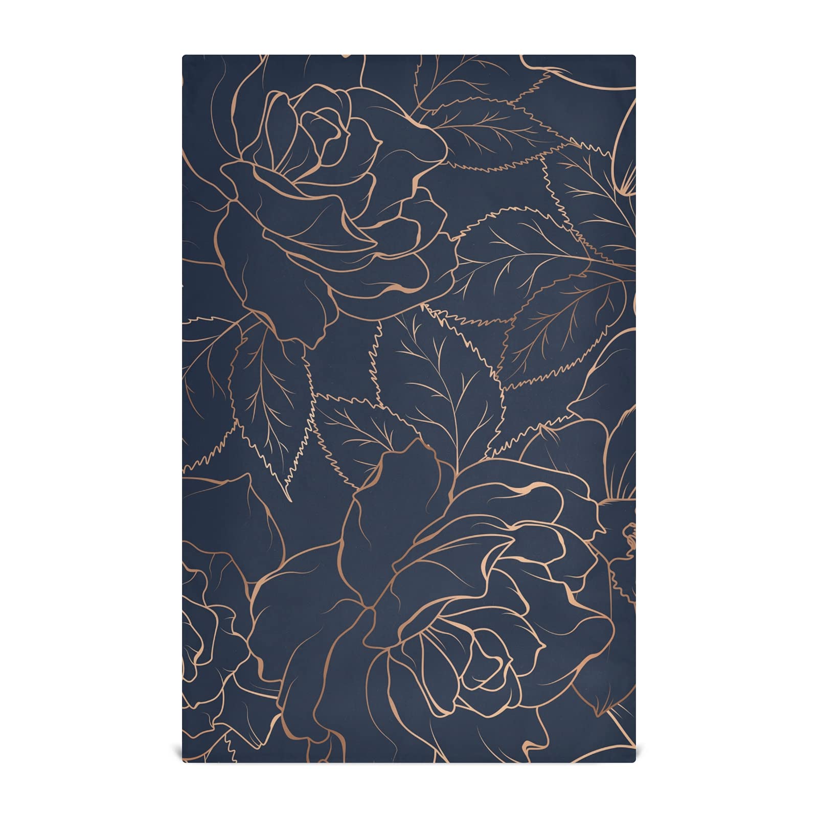 Poeticcity Multi 19 Copper-Gold Shiny Outline Rose Peony Flowers Leaves On Dark Navy Blue 1 Pack Polyester Kitchen Dish Towel, Hand Bar Tea Towels With Hanging Loop, Hemmed Napkintowel Dishtowels Waffle Dishcloths