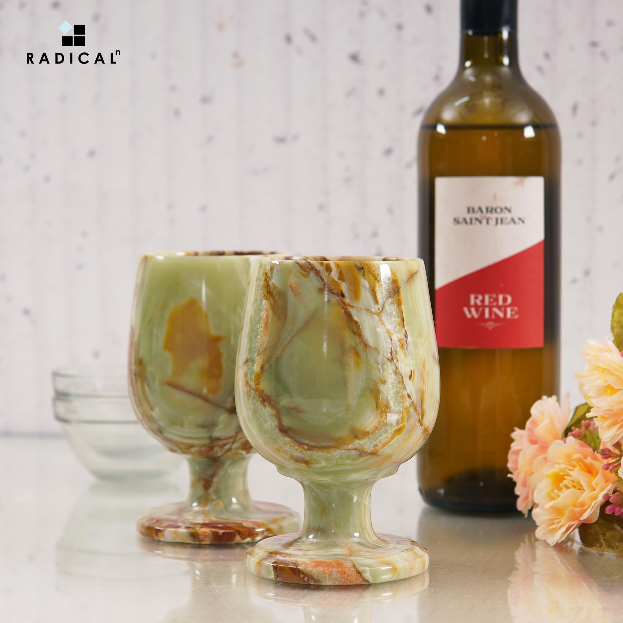 Copas de vino de mármol de 5 pulgadas hechas a mano con ónix verde, elegantes copas de vino sin tallo, juego de 2 para vino tinto y blanco, ideales para decoración de bares 3