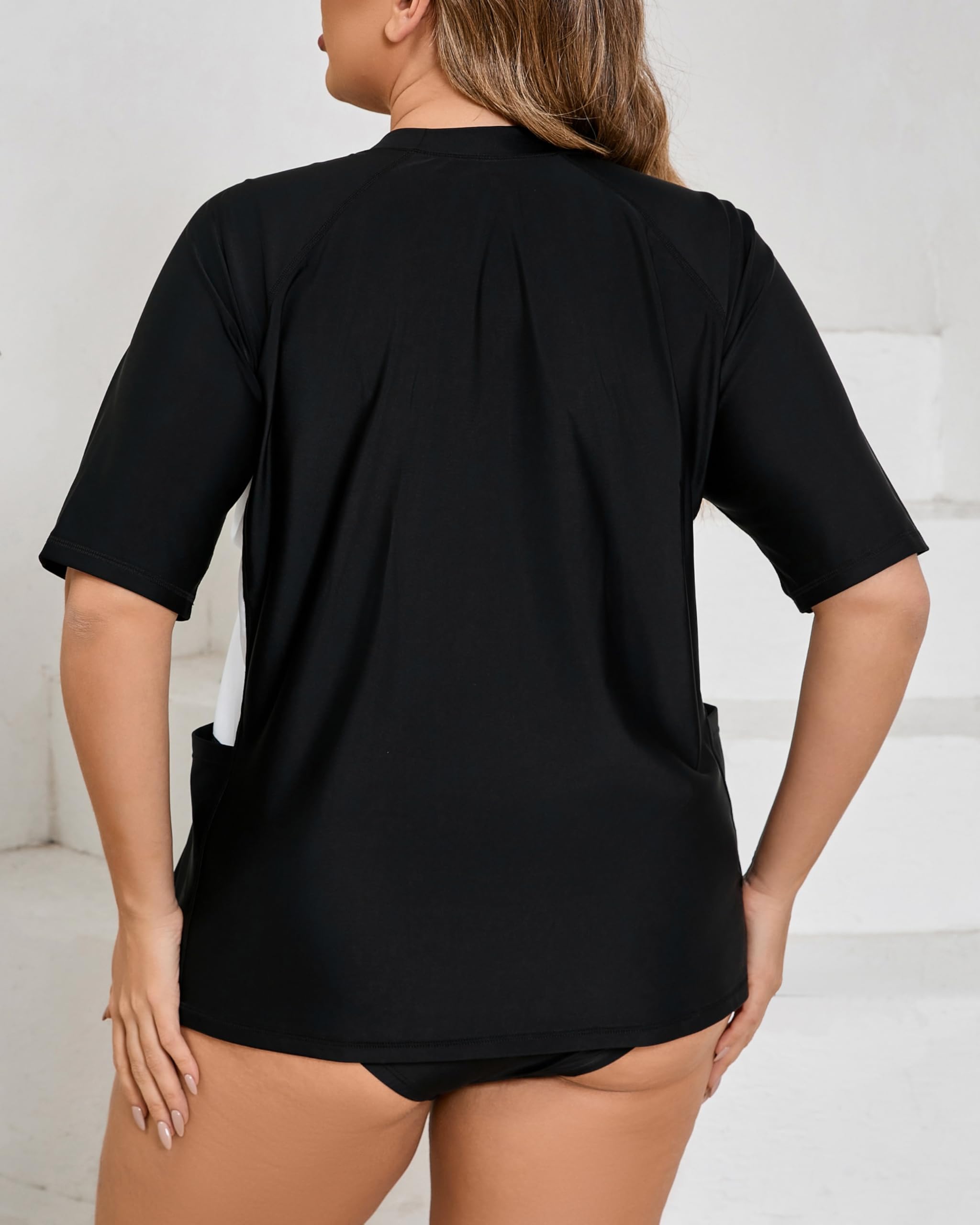 Halcurt Camiseta de natación de manga corta para mujer, talla grande, con brasier integrado, UPF50+, parte superior de traje de baño con bolsillos