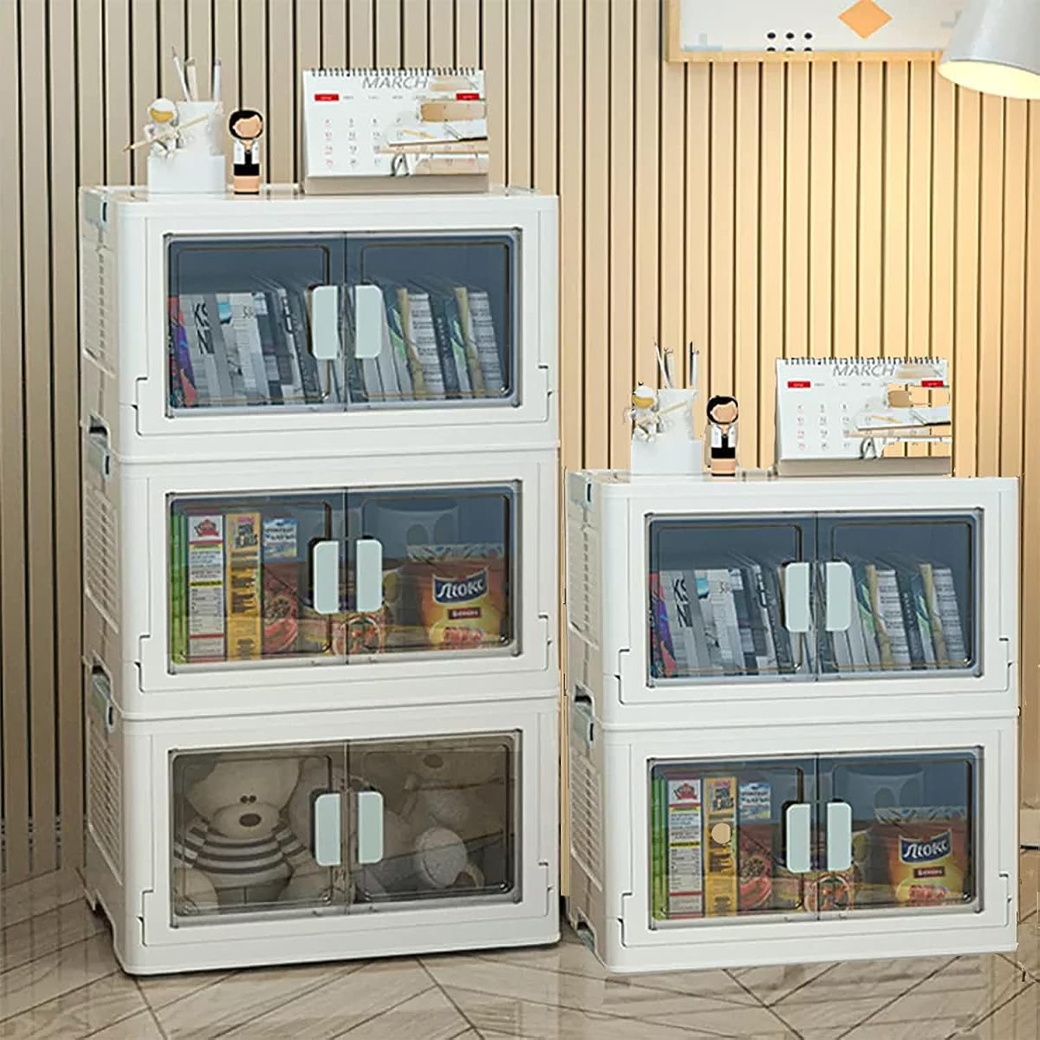 5 Pcs Foldable Storage Box, Dual Open Storage Organizer, Stackable Bins with Wheels Folding Cabinet for Clothing, Snacks, Toys & Books, Indoor Outdoor Collapsible Bin, Container for Home Office Car