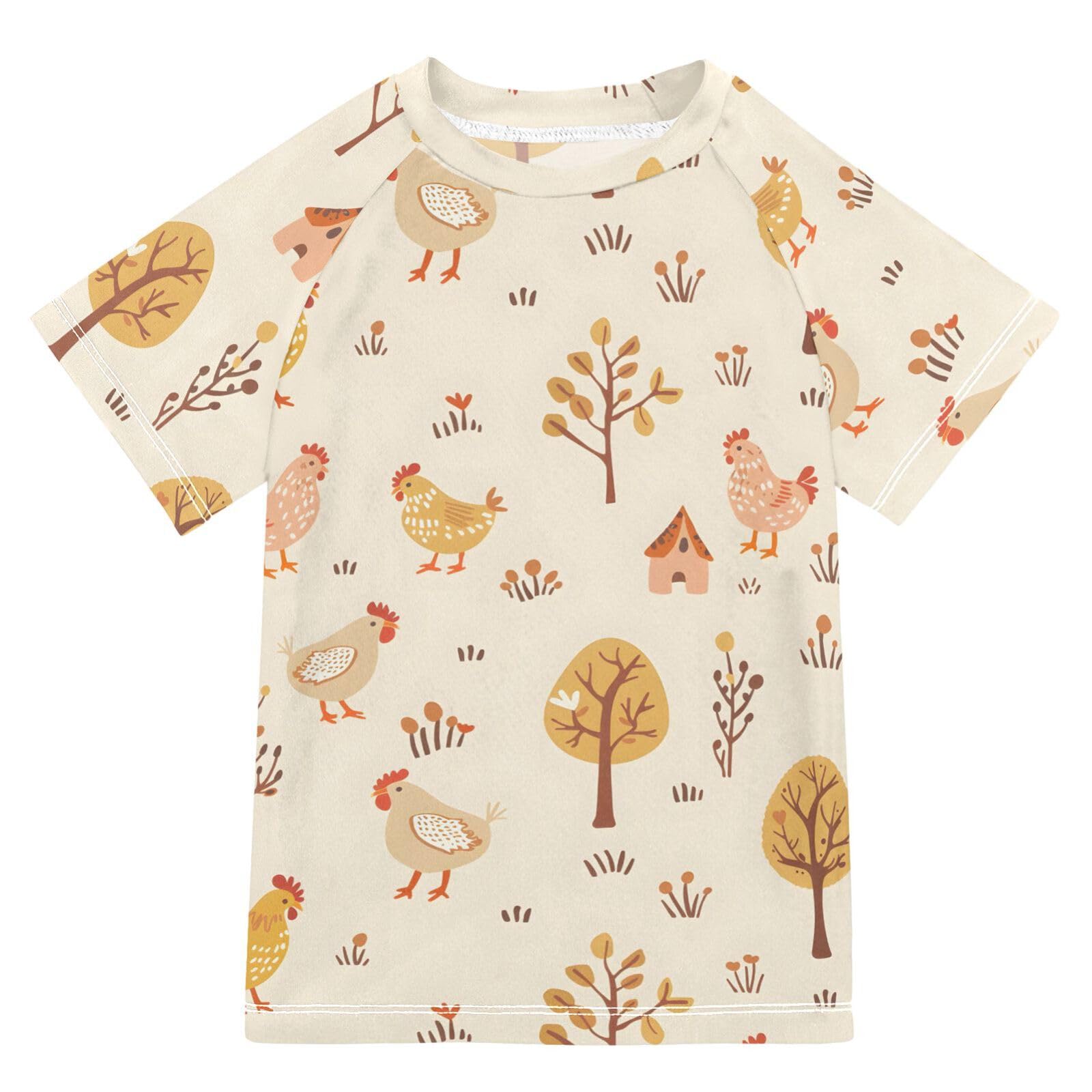 ALAZA Boys Rash Guard Swimming Shirt for Boys Short Sleeve Cute Chicken UPF 50+ 5-6T