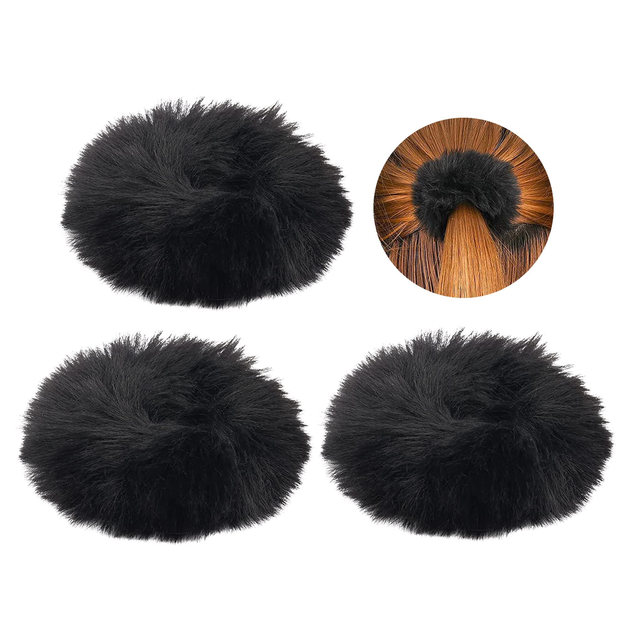 3Pcs Black Fluffy Hair Ties Faux Fur Rabbit Hair Ties