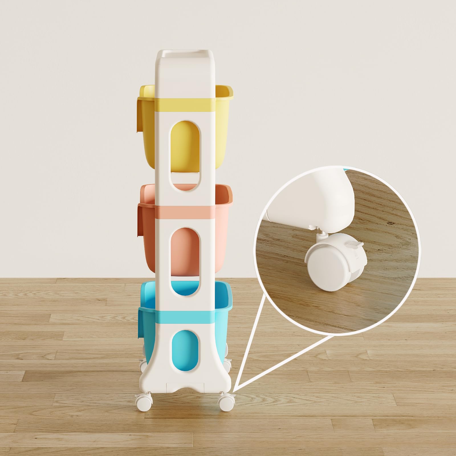 RMAN Meuble de Rangement pour Enfant à 3 Niveaux 95cm Rangement Jouet Enfant avec Roulants Grand Plastique Organiseur pour Jouets, Livres, Chambre, Salon
