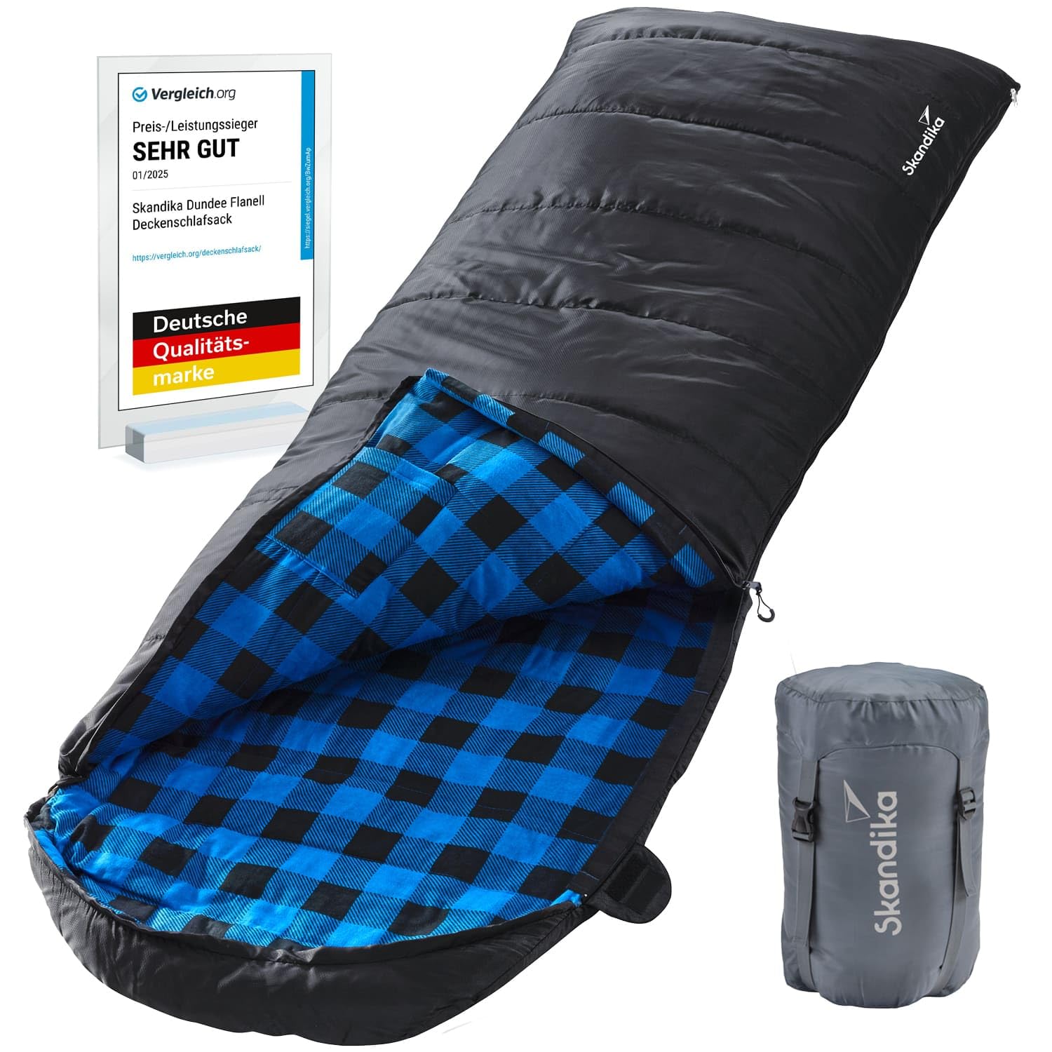 Skandika Dundee śpiwór flanelowy | bawełna, luksusowa jakość, możliwość łączenia ze sobą, podwójny śpiwór, 3 pory roku, do -20°C, 220 x 80 cm / 220 x 160 cm | śpiwór outdoorowy na kemping
