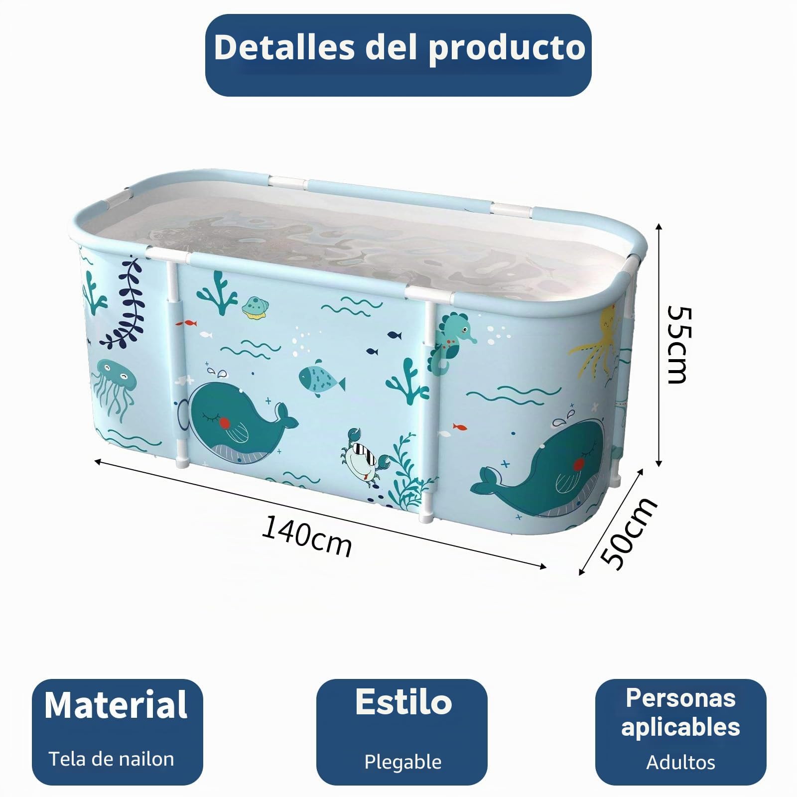 SOONHUA Bañera portátil plegable para adultos y bañera de pie con cojines para interiores y exteriores, spa caliente, baño de hielo, 140 x 55 x 50 cm