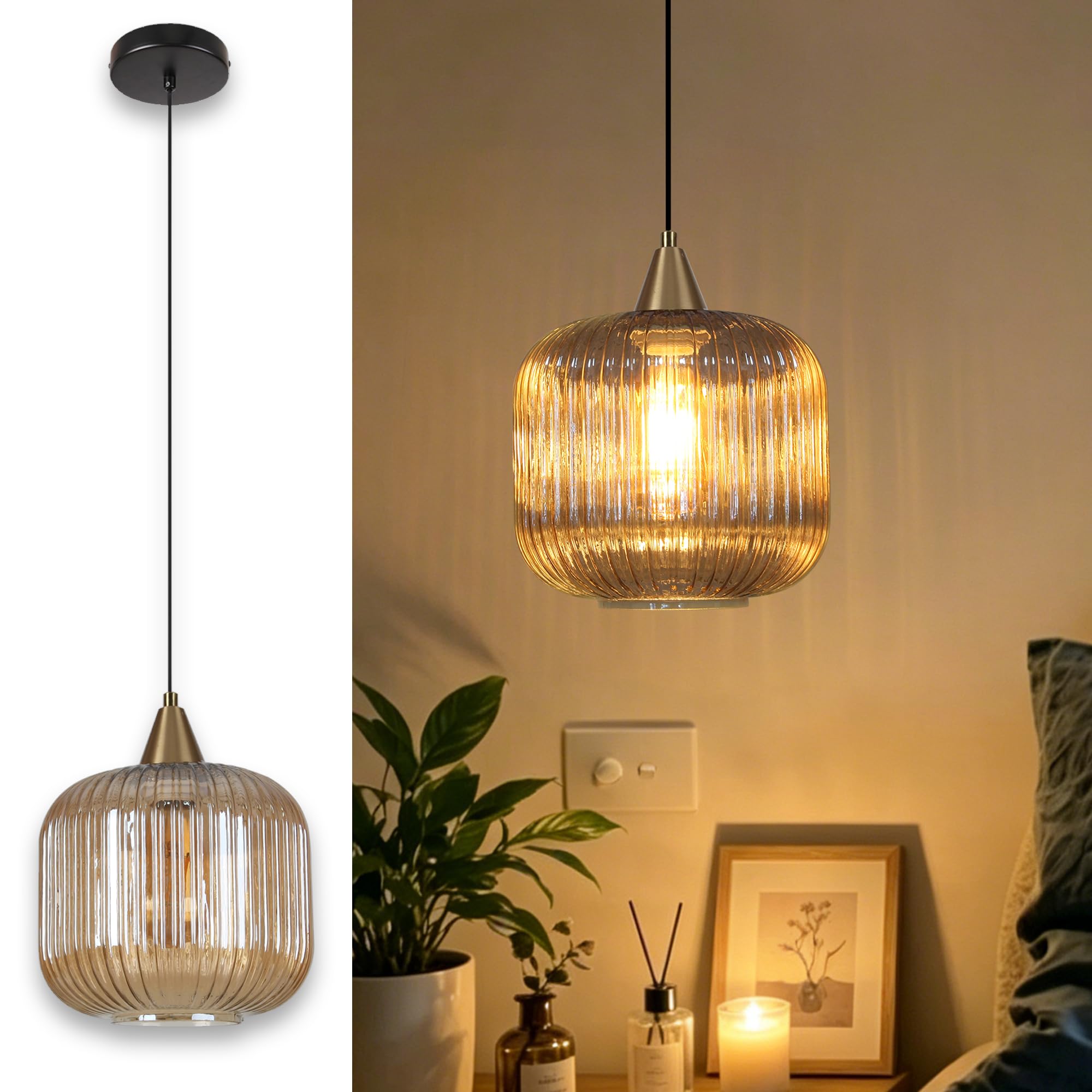 Bernstein Rillenglas Pendelleuchte Ø20cm | Modern, Vintage, Retro