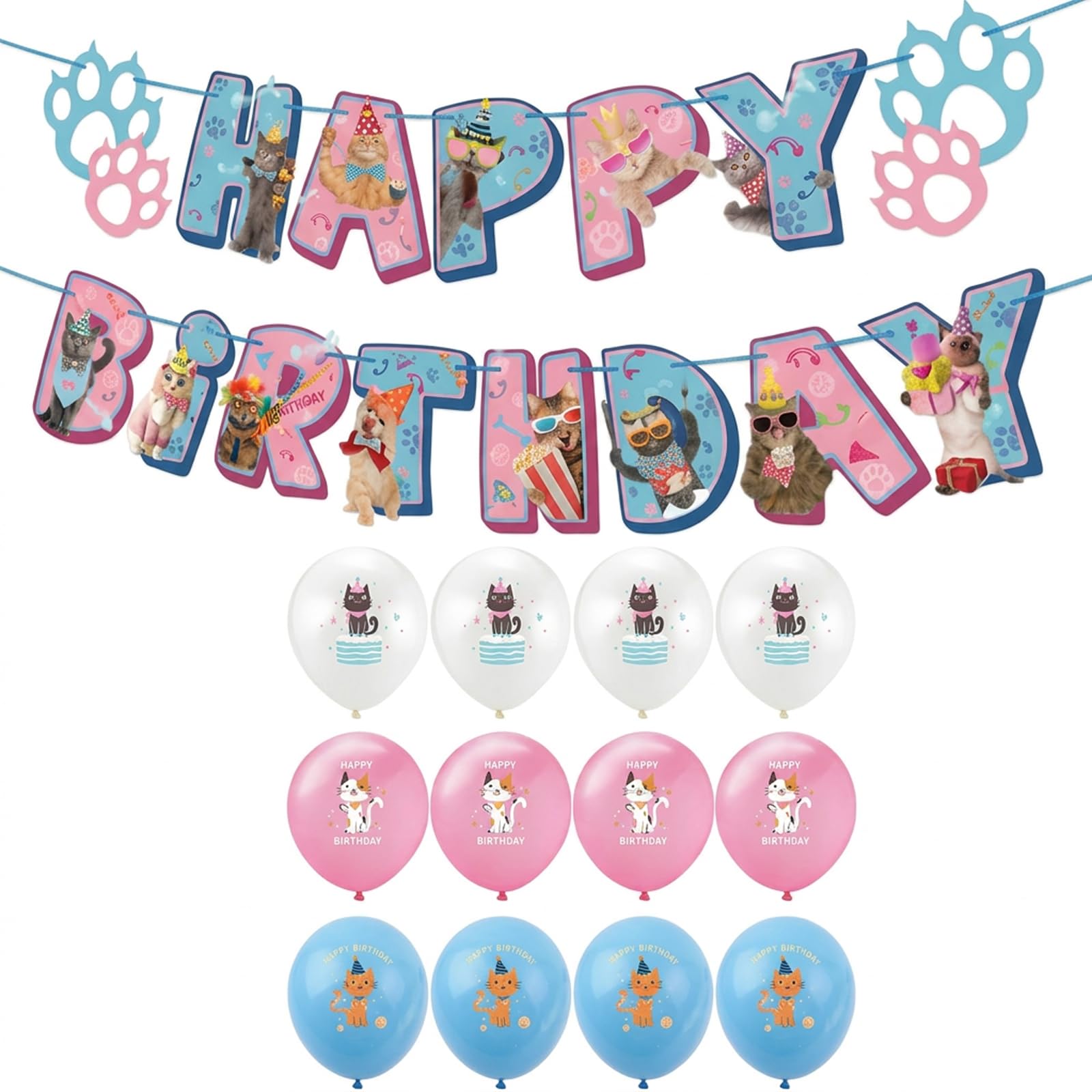 13-Piece Cat Balloons and Banner Set, Cat Birthday Decorations for Pet Theme Party Venue Setup