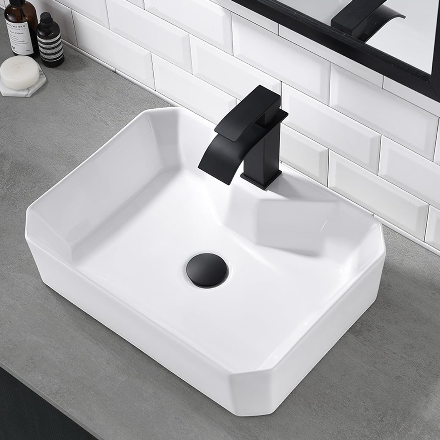 Bathroom Vessel Sink, Scamall 20x15 Inch White Ceramic Bathroom Sinks Combo Rectangle Vessel Sink for Bathrooms Balcony Art Basin Vanity Sinks Porcelain Bowl with Drainer