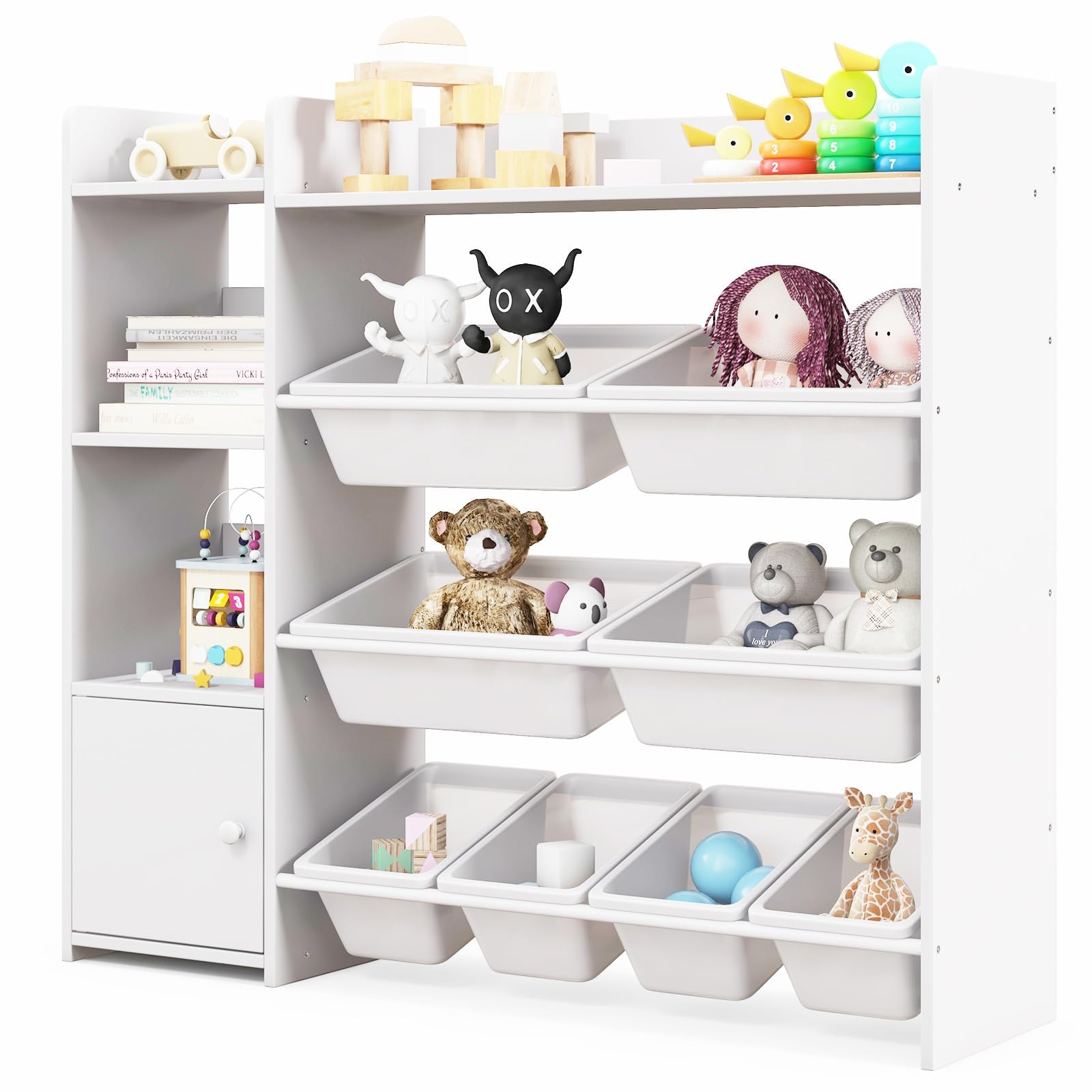 Costzon Organizer per giocattoli, libreria a 4 ripiani per bambini e giocattoli con 8 contenitori per giocattoli, grande armadio con porta, libreria multiuso per bambini per stanza dei giochi, asilo