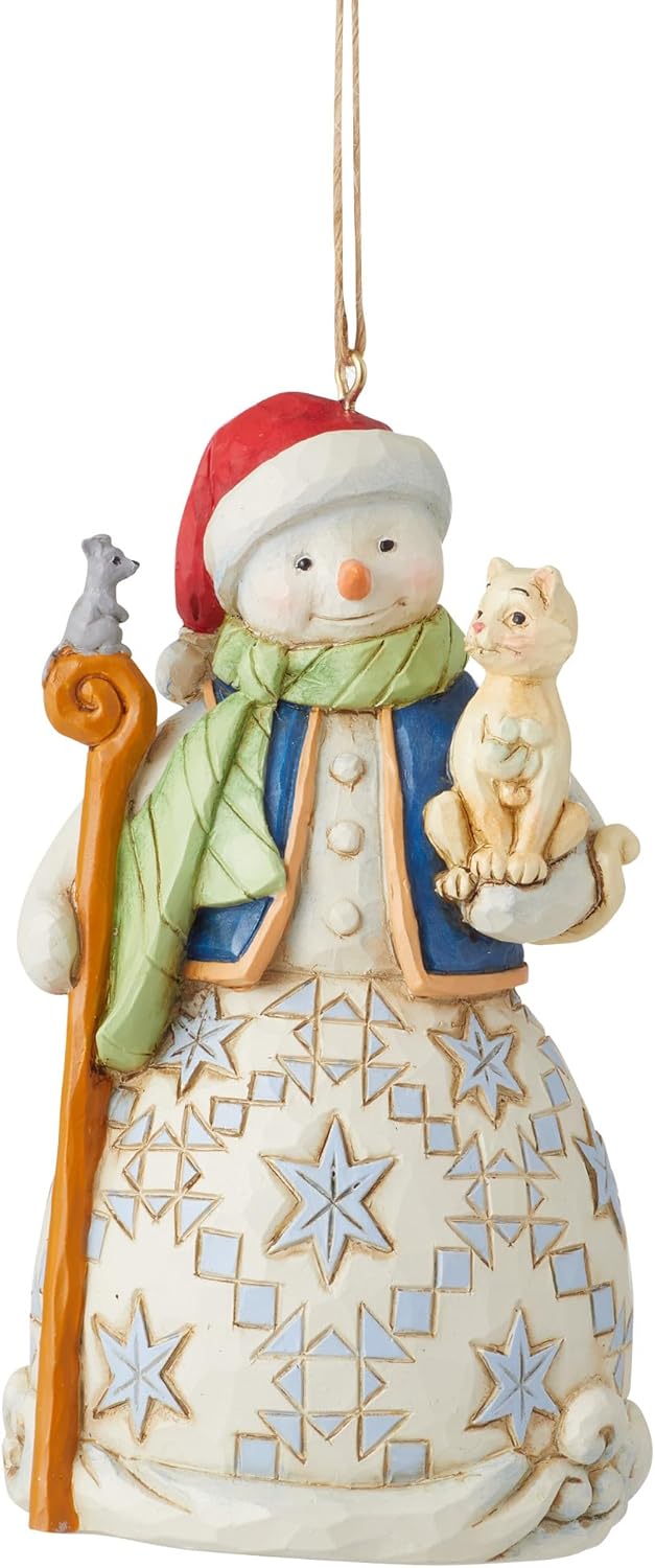 enesco jim shore heartwood creek snowman with cat hanging ornament, 4.53 inch, multicolor