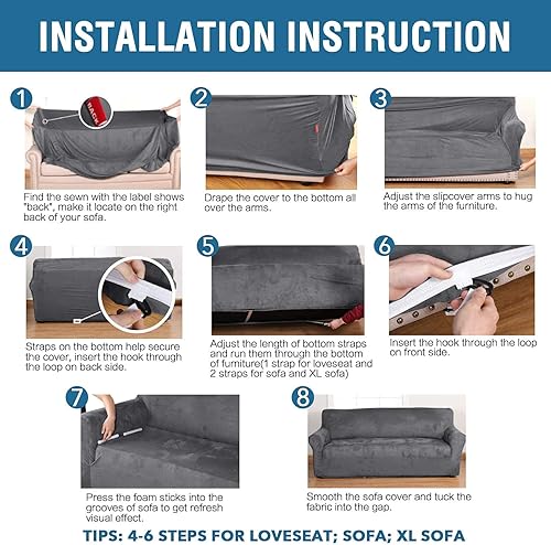 Miniatura 5 de H.VERSAILTEX Funda elástica de terciopelo para sofá, funda para sofá de 3 plazas (72-96 pulgadas, gris), funda de terciopelo elástico para sofá de 1