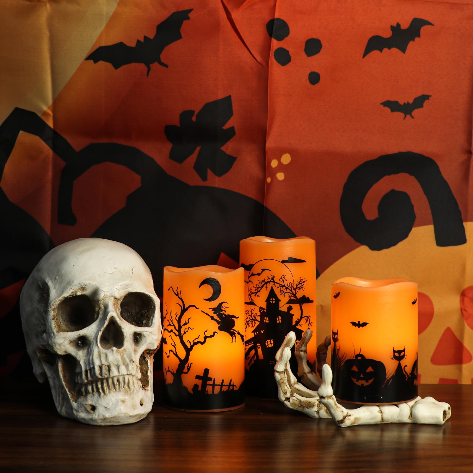 GenSwin Candele di Halloween con timer, candele tremolanti senza fiamma a batteria, confezione da 3 candele in vera cera, per decorazioni per la casa di Halloween (7,6 x 10,2 cm x 15,2 cm)