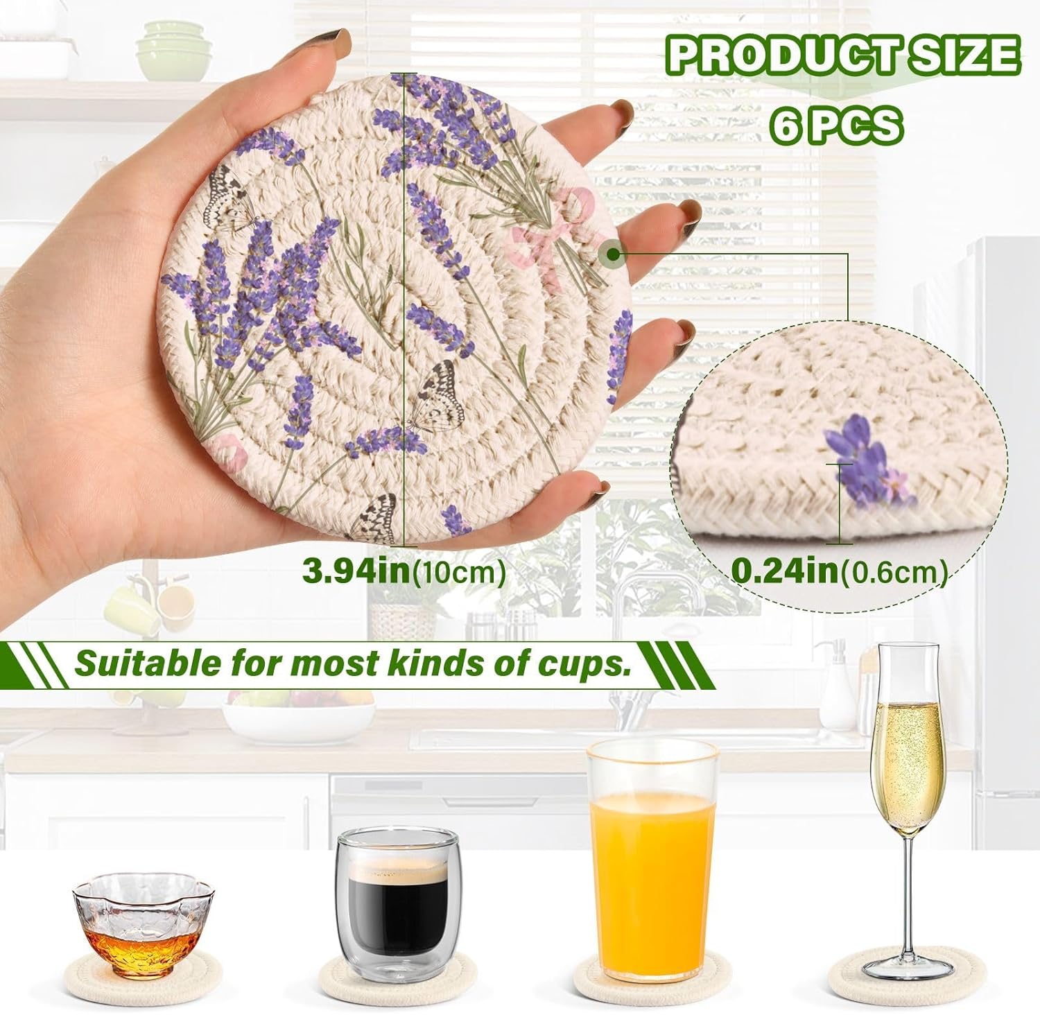 美しいパープルラベンダー ドリンクコースターセット - ミニマリスト 織物コースター 6枚 ホルダー付き ホームデコレーション 3.