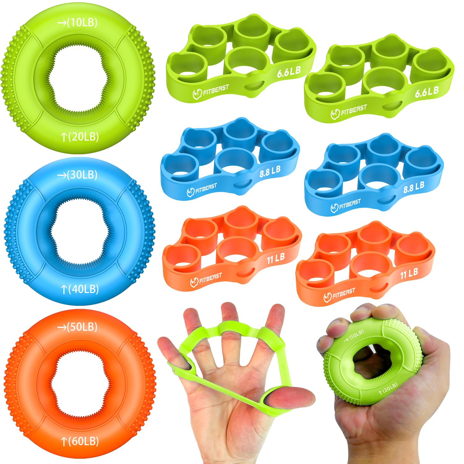 FitBeast Grip Strength Trainer, Finger Exerciser, Forearm Strengthener 9-Piece Kit, Hand Grip Strengthener Targeted Strength, Relief & Recovery