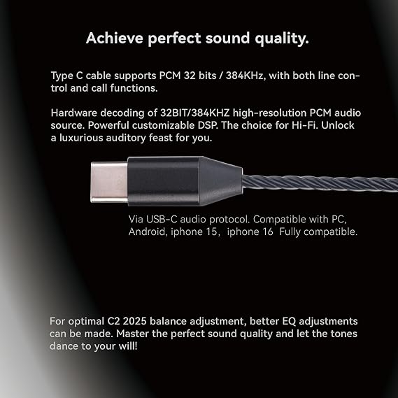 TINHIFI C2 Mech Warrior HiFi Earphone LCP PU Composite Diaphragm in Ear Monitors with 0.78 2pin Gold-Plated Cable IEM Headphones (Black, C2 2025 Type-C+Mic)