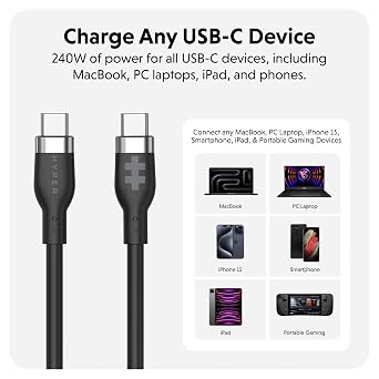 HyperJuice 240W سيليكون USB C إلى كابل USB C (3 قدم / 1 م) لجميع الأجهزة. كابل شحن USB-C متين 240 واط. تصميم محمول وخالي من التشابك وحماية من درجة الحرارة الزائدة. يتقاضى أي USBC لجهاز USBC