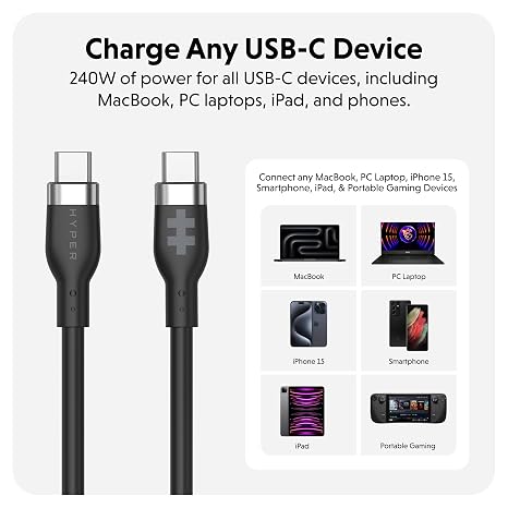 HyperJuice 240W سيليكون USB C إلى كابل USB C (3 قدم / 1 م) لجميع الأجهزة. كابل شحن USB-C متين 240 واط. تصميم محمول وخالي من التشابك وحماية من درجة الحرارة الزائدة. يتقاضى أي USBC لجهاز USBC