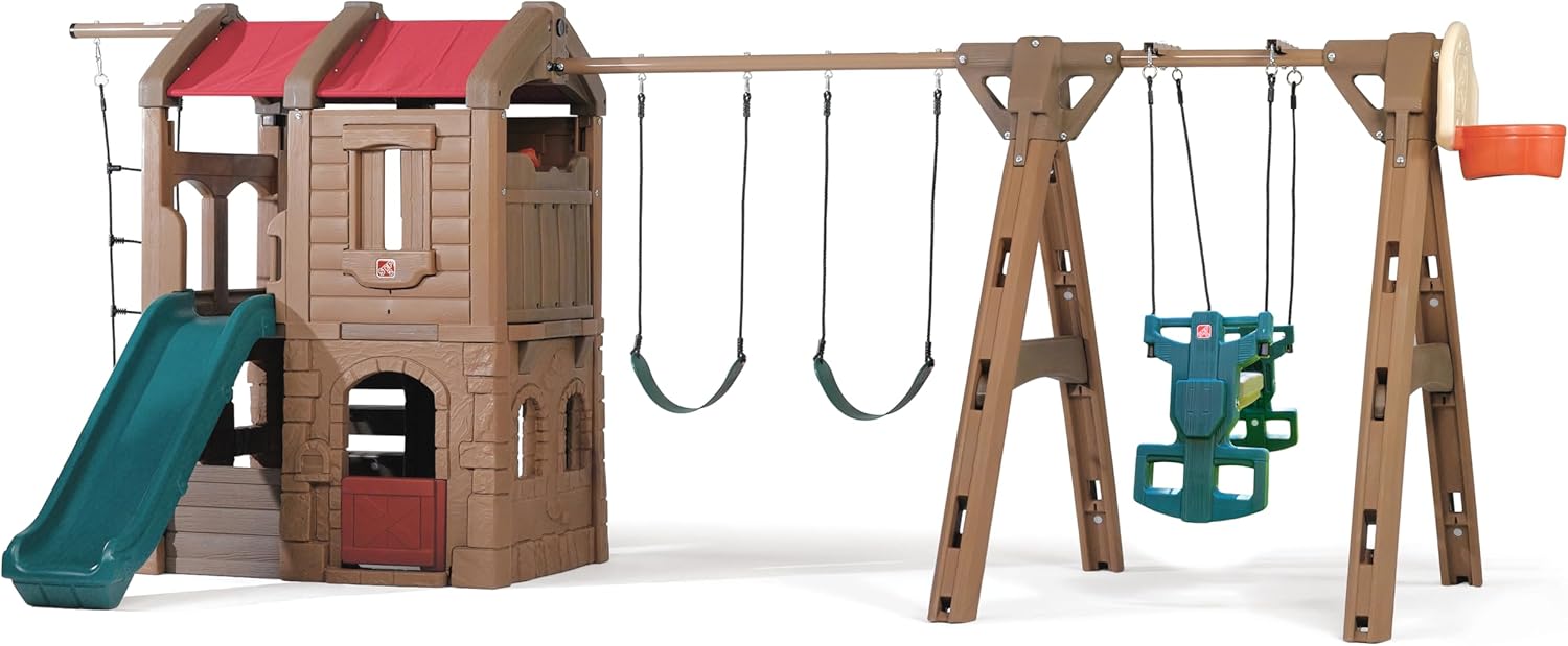 Step2 Naturally Playful Adventure Lodge Play Center with Glider, Kids Outdoor Playset, Two Tier Backyard Playground Set, Slide, Swings, Rope Ladder, Basketball Hoop, Jungle Gym, Children 3-8 Years Old