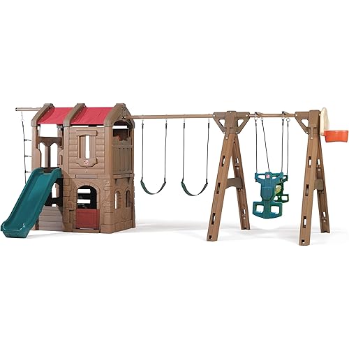 Step2 Naturally Playful Adventure Lodge Play Center with Glider, Kids Outdoor Playset, Two Tier Backyard Playground Set, Slide, Swings, Rope Ladder, Basketball Hoop, Jungle Gym, Children 3-8 Years Old