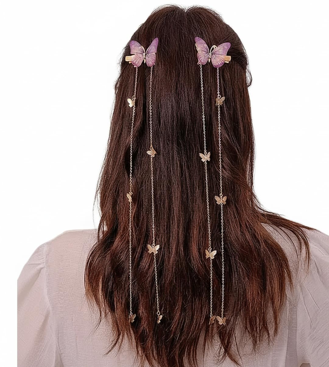 Butterfly Hair Clips with Hanging Chains, Elegant Hair Accessory with Dangling Chains for Women, Girls - 2 Pieces (Pink and Gold) 4Y