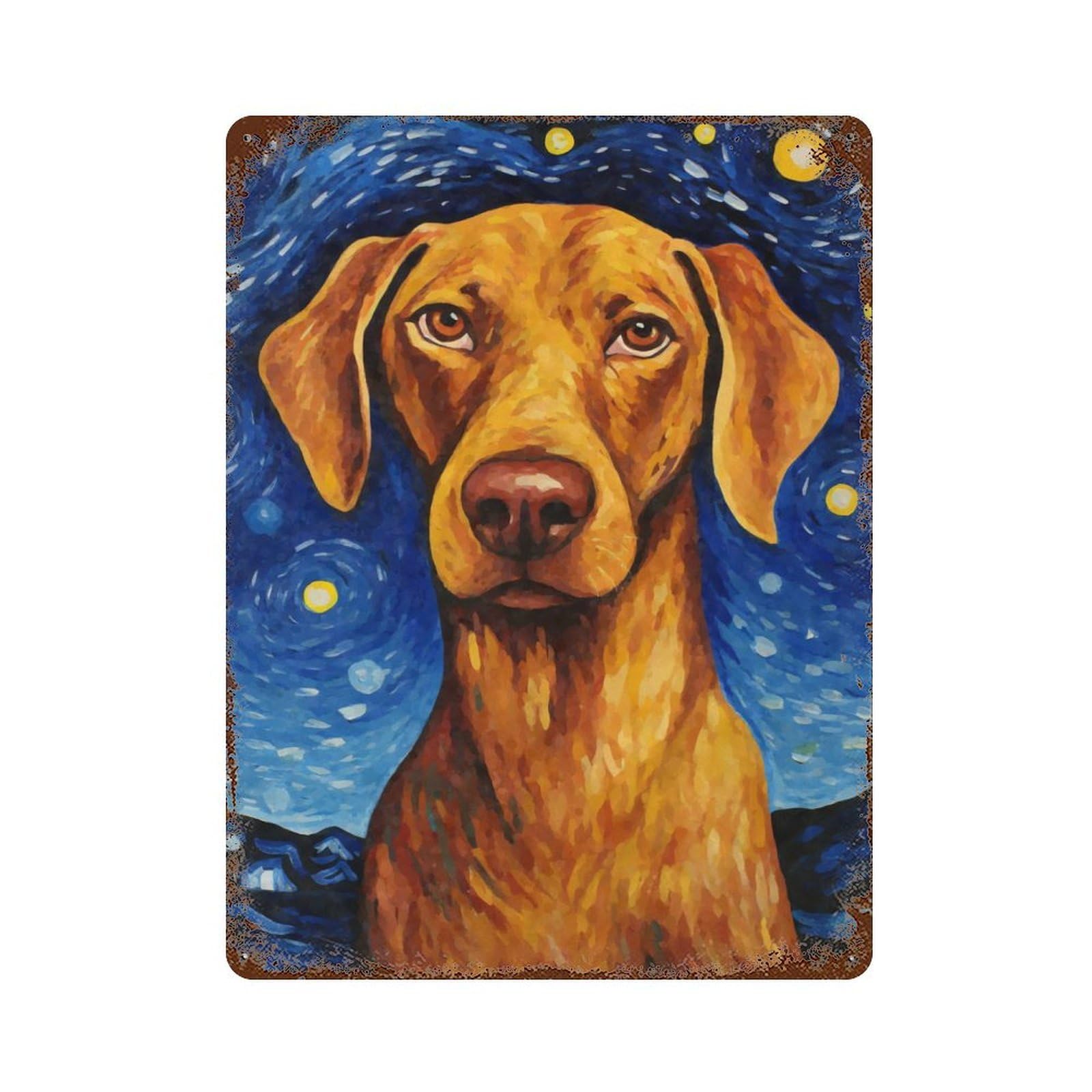 Distressed Metal Wall Sign Vizsla Dog Starry Night 15.7"x11.8", Vintage Wall Decor for Garage, Bar And Workshop Decor
