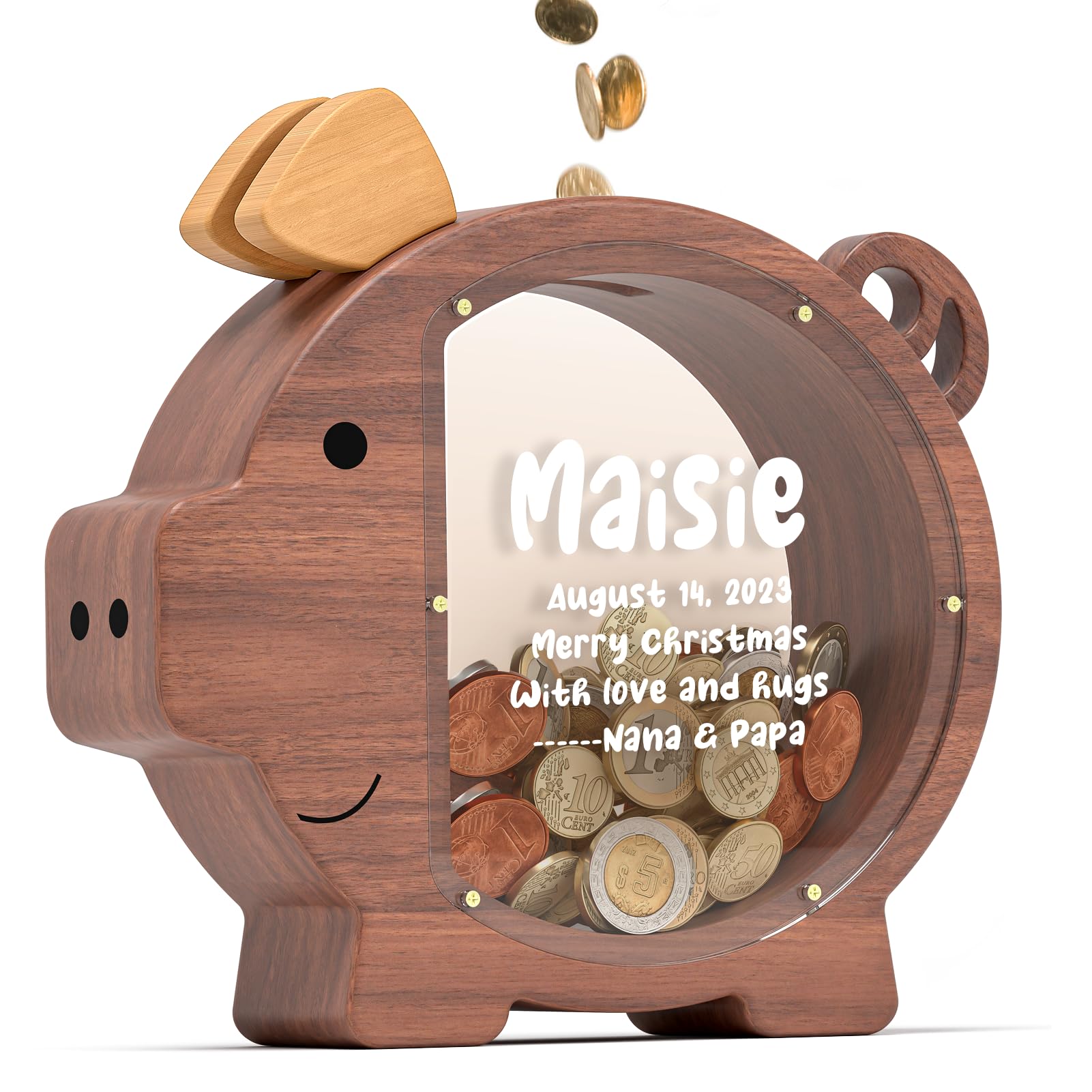 Summidate Wooden Piggy Bank for Boys Girls Kids Toddler Adults Large Unbreakable Bills Coin Change Money Saving Jar Children Personalized Present