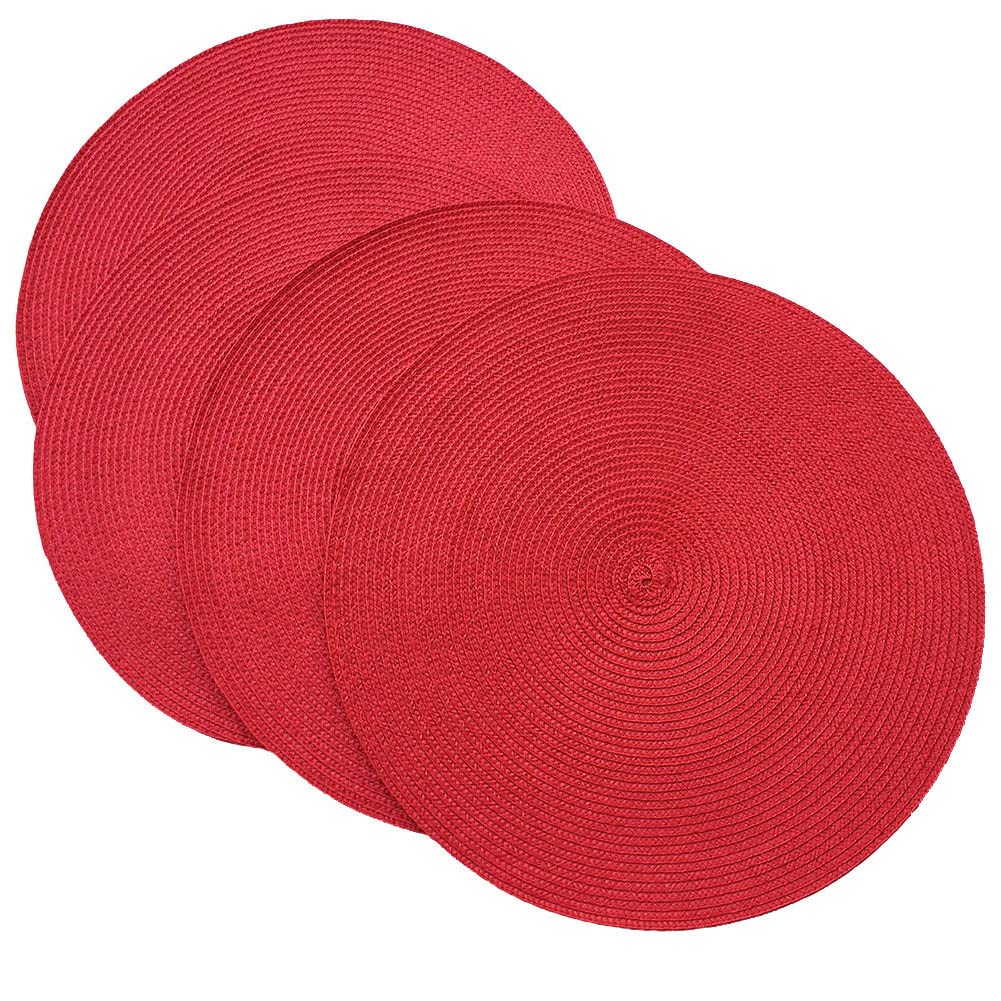 SCF2017 Round Woven Plastic Placemats 38cm Stylish and Practical Dining Table Mats,Set of 4,Red