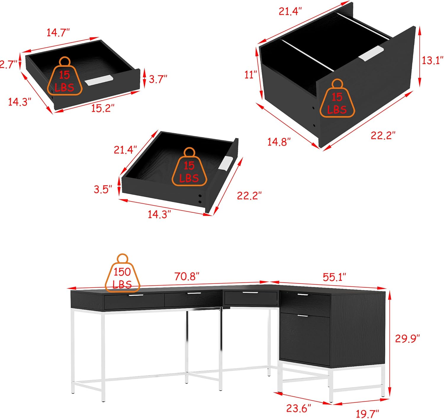 Computer Desk with 5 Drawers, L Shaped Office Table with Metal Frame and File Drawer, 70.8" Writing Work Study Table, Modern Wood Grain Corner Workstation for Home Office, Black
