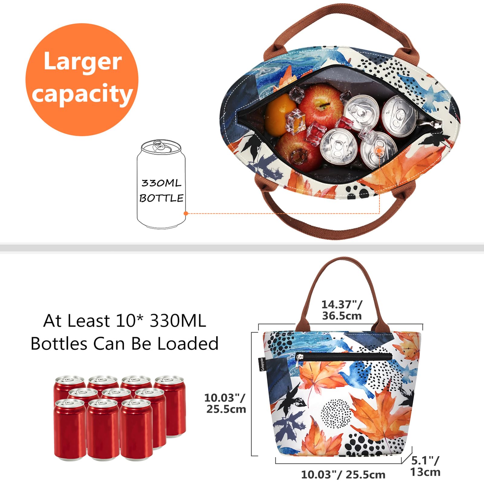 Gloppie Bolsa de Almuerzo Termica Nevera Portatil Pequeña, Bolsa de Picnic Multiusos Plegable Tela Impermeable Playa Oficina Viajes, 9L Hoja De Arce