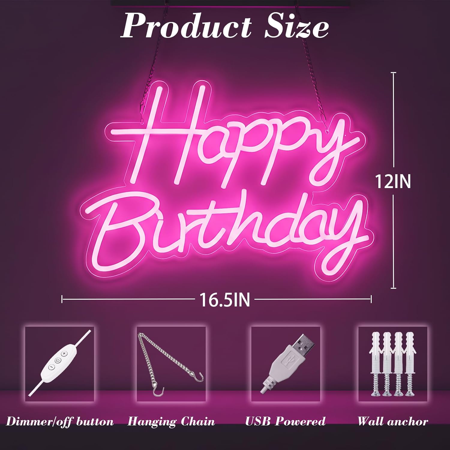 Happy Birthday Neon Sign for Backdrop, LED Happy Birthday Light Up Sign, USB Powered Dimmable Neon Light for Birthday Party Decorations, Wall Decor, Pink, 16.5 x 12 inch