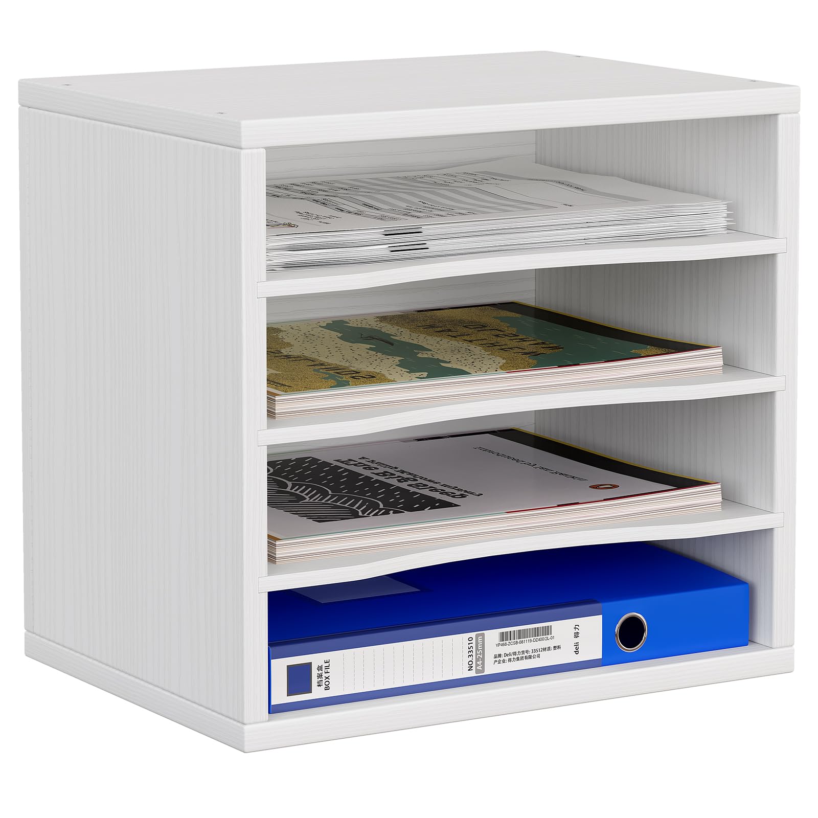 EasyPAG 4 Niveles Madera A4 Organizador Escritorio Bandeja Archivador Clasificador Documentos Soporte Papeles Almacenamiento Archivos Estante Folios,Blanco