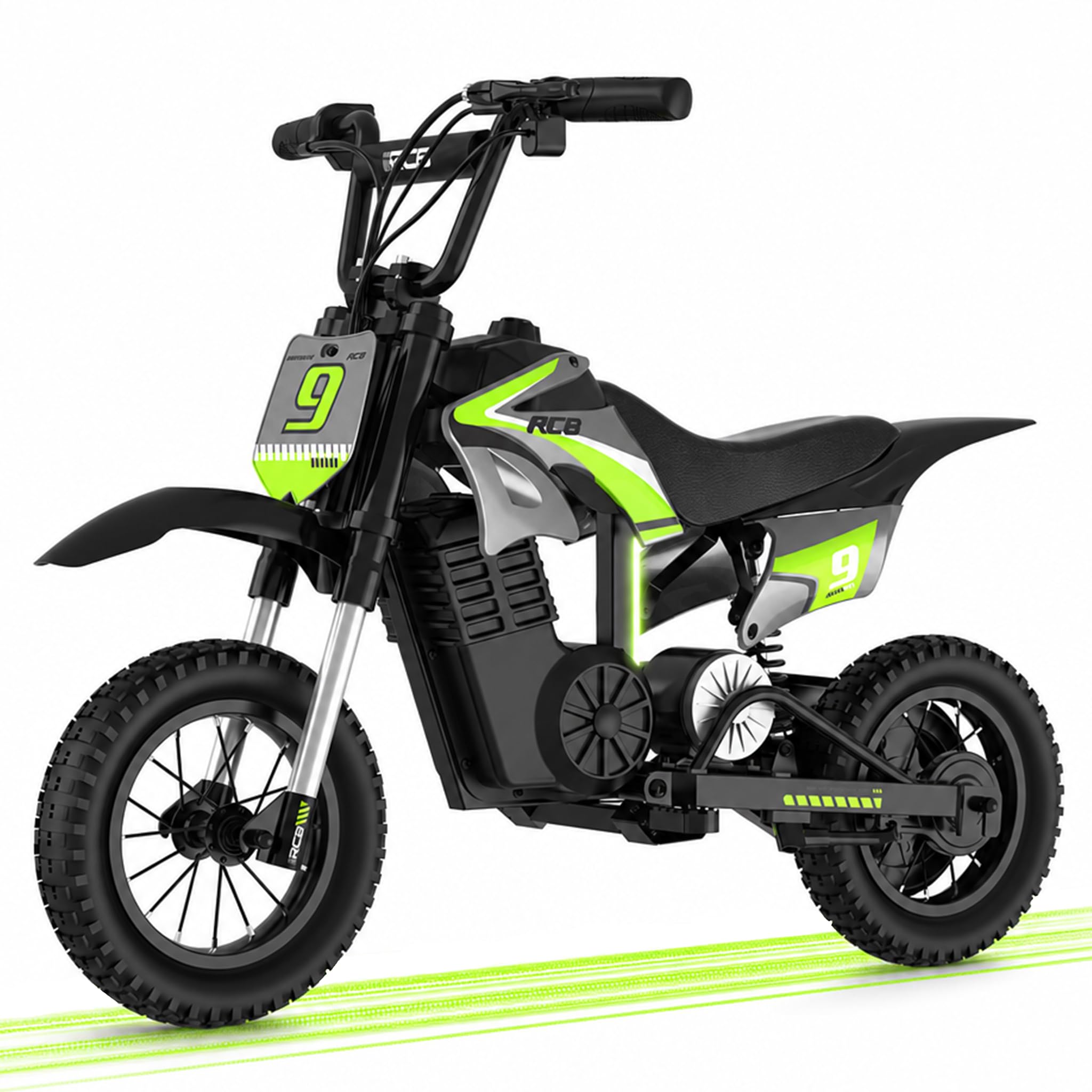 R9X PRO Elektro Motorrad Kinder, Elektromotorrad mit 350W Motor & 5,2AH Akku, 16km Reichweite, 10/15/25 km/h, Doppelstoßdämpfer, 12 Zoll Reifen, Drum-Bremse, Moto für Kinder bis 80kg (Grün)