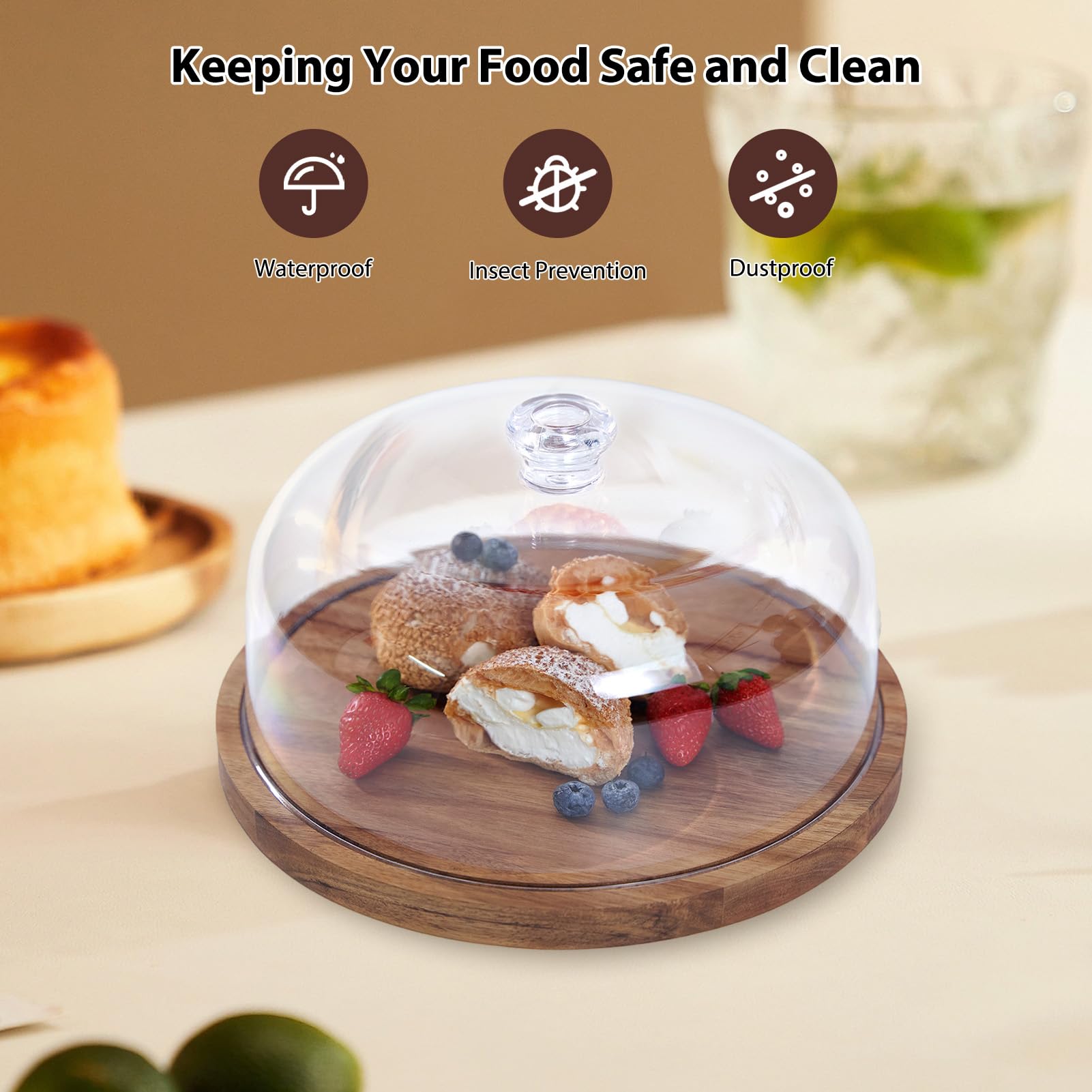 Tissting Tortenständer Holz 30 cm/12 Zoll Tortenplatte mit Acryl Deckel | Rund Kuchenständer Dessert Display Servierbrett Kuchenplatte für Hochzeiten Party Backgeschenke Charcuterie Obstplatten