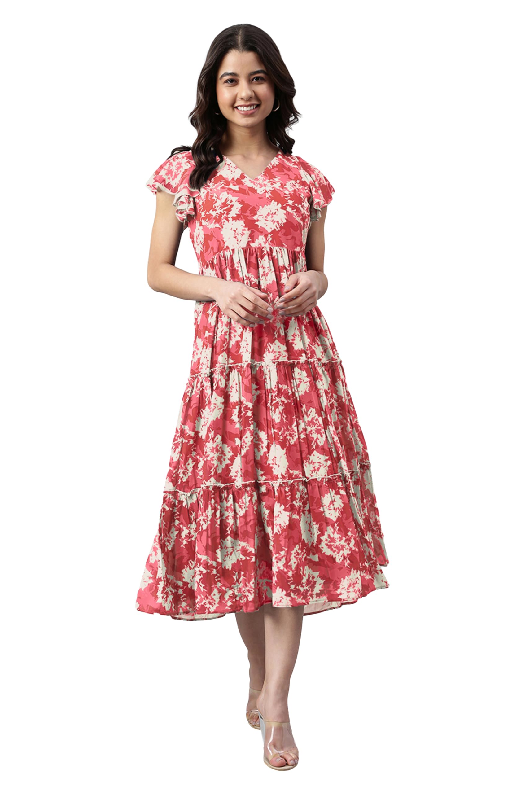 Women's Georgette Floral Printed Flared Midi Dress-image-0