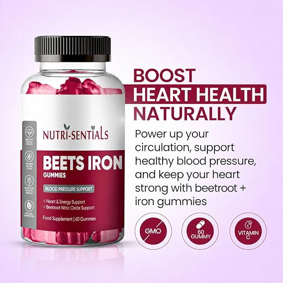 Beet Root Gummies 200mg- Superfood Beets Supplement with Iron for Heart Health & Blood Pressure Support- Nitric Oxide Beets Iron Gummies for Energy & Stamina Boost- Vegan, Non-GMO- 60 Gummy