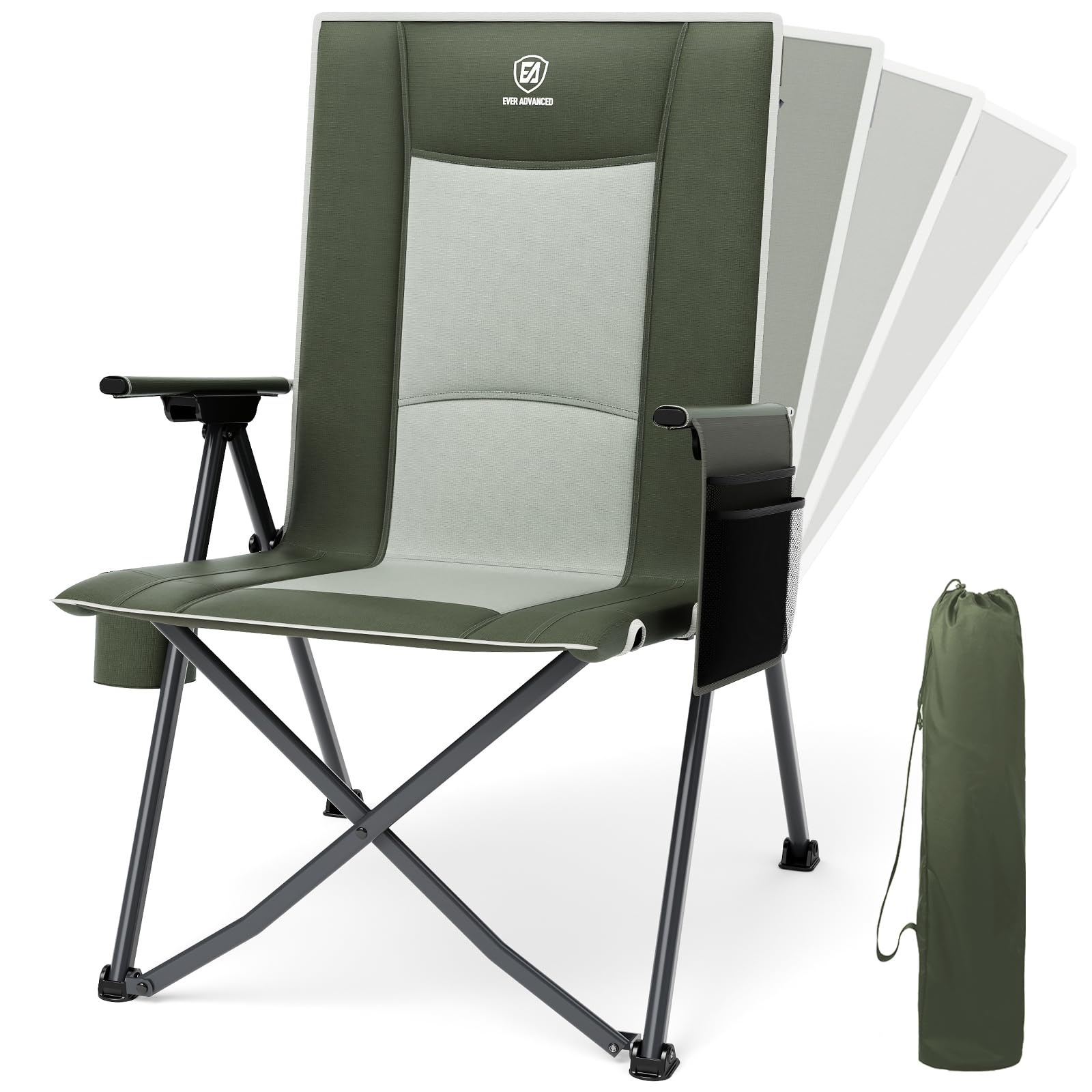 EVER ADVANCED Campingstuhl Faltbar Rückenverstellbar in 4 Positionen 160KG Belastbar, Klappstuhl Recliner Campingstuhl Klappbar mit Seitentasche & Getränkehalter, Angelstuhl für Camping Garten Balkon