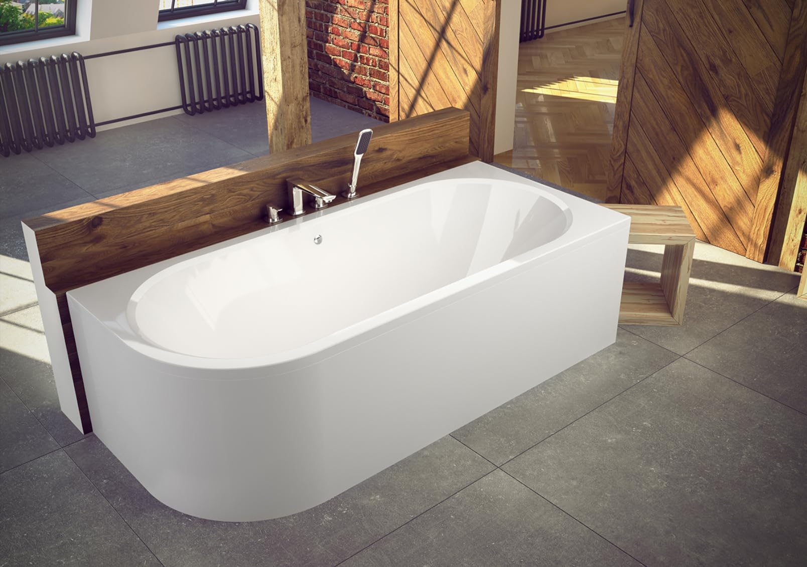 ECOLAM® Badewanne Avita 170x75 cm Schürze | Wanne für Zwei Personen | Eckwanne Modern Design | Eckbadewanne rechts + Ablaufgarnitur Ab- und Überlauf Automatik Füße + Silikon Komplett-Set Acryl weiß