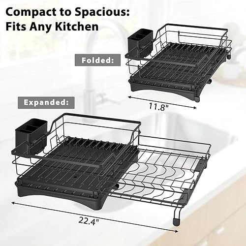 Miniatura 8 de B-Land Escurridor de platos, 2 niveles para encimera de cocina, escurridor grande de platos con escurridor y soportes para utensilios, escurridor de