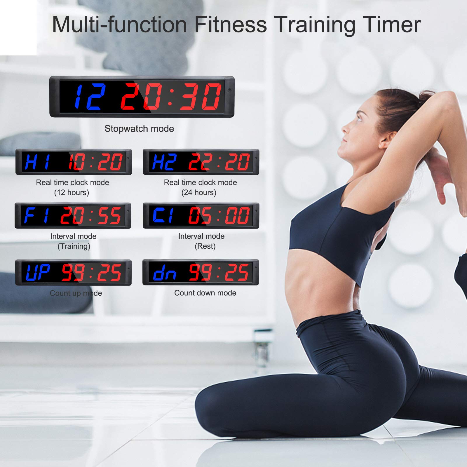LED Temporizador de Entrenamiento de Intervalo, Cronómetro, Reloj de Cuenta Atrás/Arriba, Temporizador de Gimnasio con Remoto para Gimnasio en Casa Garaje Fitness 4 "6 dígitos(Azul/Rojo)